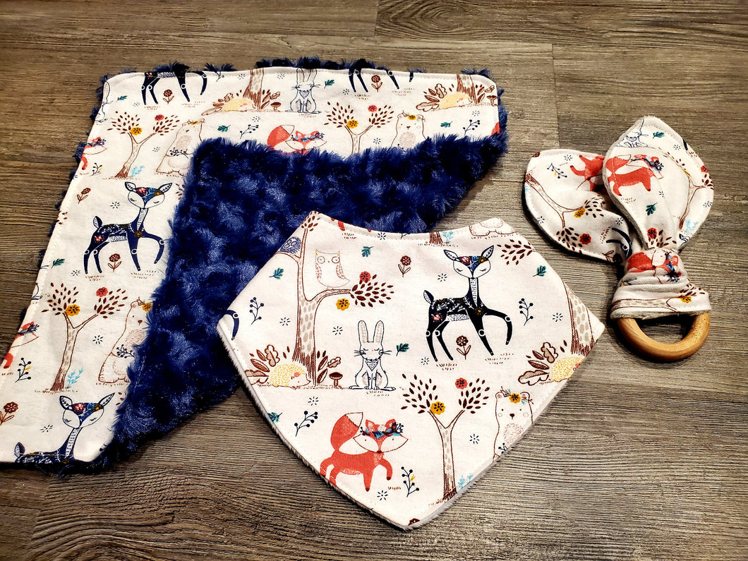 Woodland Animals Set, Lovey, Bib, and Teether Gift Set