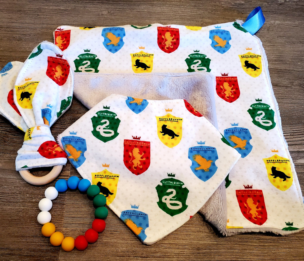 Hogwarts Houses Harry Potter Baby Lovey Security Blanket, Bandana Drool Bib, and Bunny Ear Minky Teether Baby Set