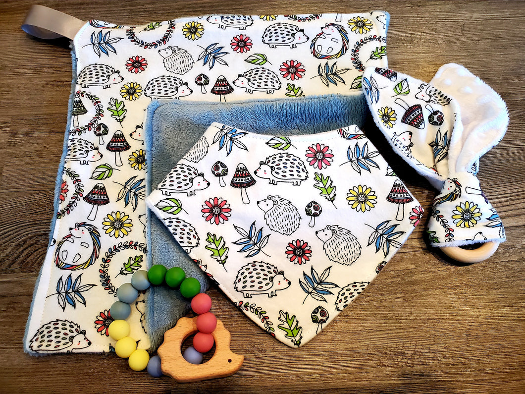 Neutral Hedgehog Floral Lovey Security Blanket, Bandana Drool Bib, and Bunny Ear Minky Teether Baby Set