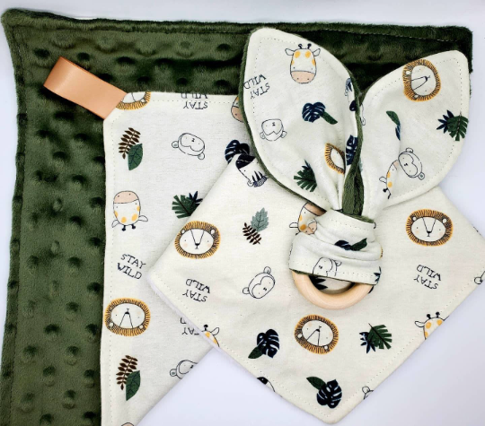 Wild Ones Safari Baby Gift Set: Lovey, Bib, Pacifier Clip, Tag Blanket