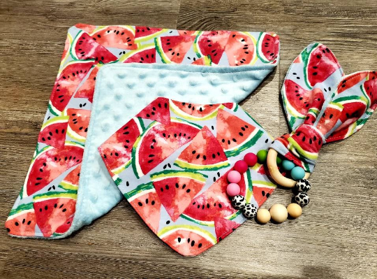 Watermelon Summertime Lovey Security Blanket, Bandana Drool Bib, and Bunny Ear Minky Baby Set