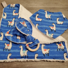 Load image into Gallery viewer, Adorable Blue Alpaca Floral Lovey Security Blanket, Bandana Drool Bib, and Bunny Ear Minky Teether, Clip, Rattle and Ring Handmade Gift Set
