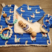 Load image into Gallery viewer, Adorable Blue Alpaca Floral Lovey Security Blanket, Bandana Drool Bib, and Bunny Ear Minky Teether, Clip, Rattle and Ring Handmade Gift Set
