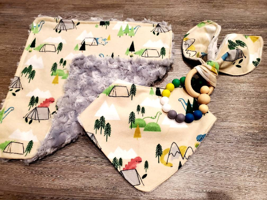 Camping Dinosaurs Lovey Security Blanket, Bandana Drool Bib, and Bunny Ear Minky Baby Set