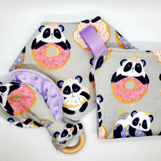 Panda Donuts Baby Gift Set: Lovey, Bib, Pacifier Clip, Tag Blanket